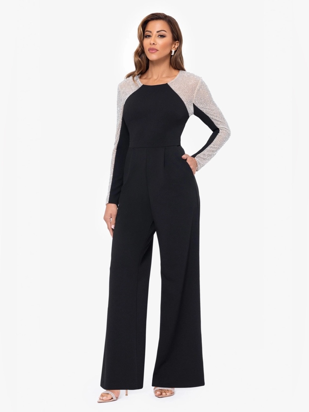 Xscape Black Jumpsuit with Champagne Beading (NWT)